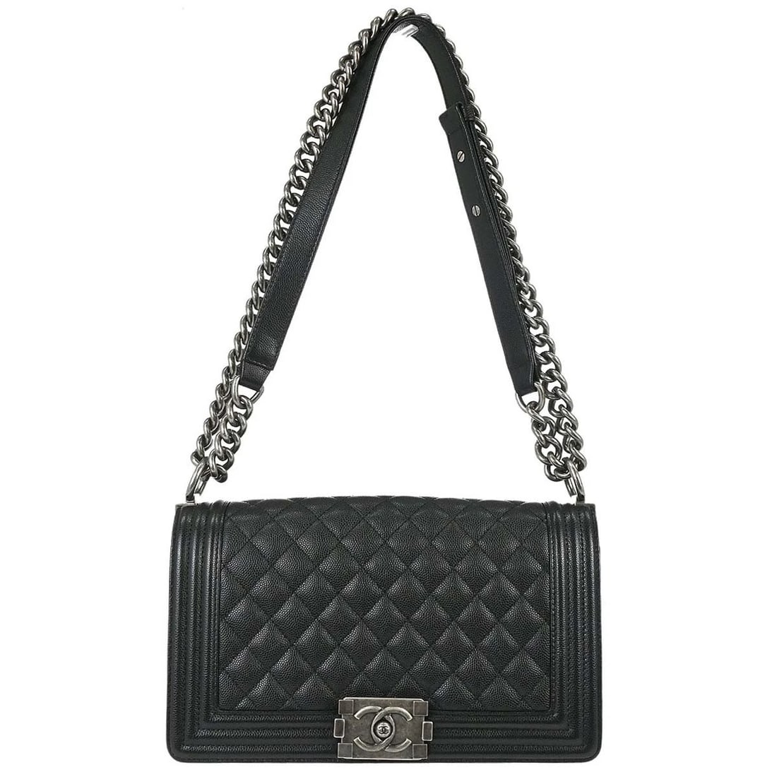 BOY CHANEL BLACK CALFSKIN MEDIUM CHAIN SHOULDER BAG: Boy Chanel Black Calfskin Medium Chain Shoulder Bag Brand: CHANEL Type/Style: Shoulder Bag Material: Caviar skin leather Color: Black Size: W 9.8 x H 5.9 x D 3.1 inch Accessories: None Acc