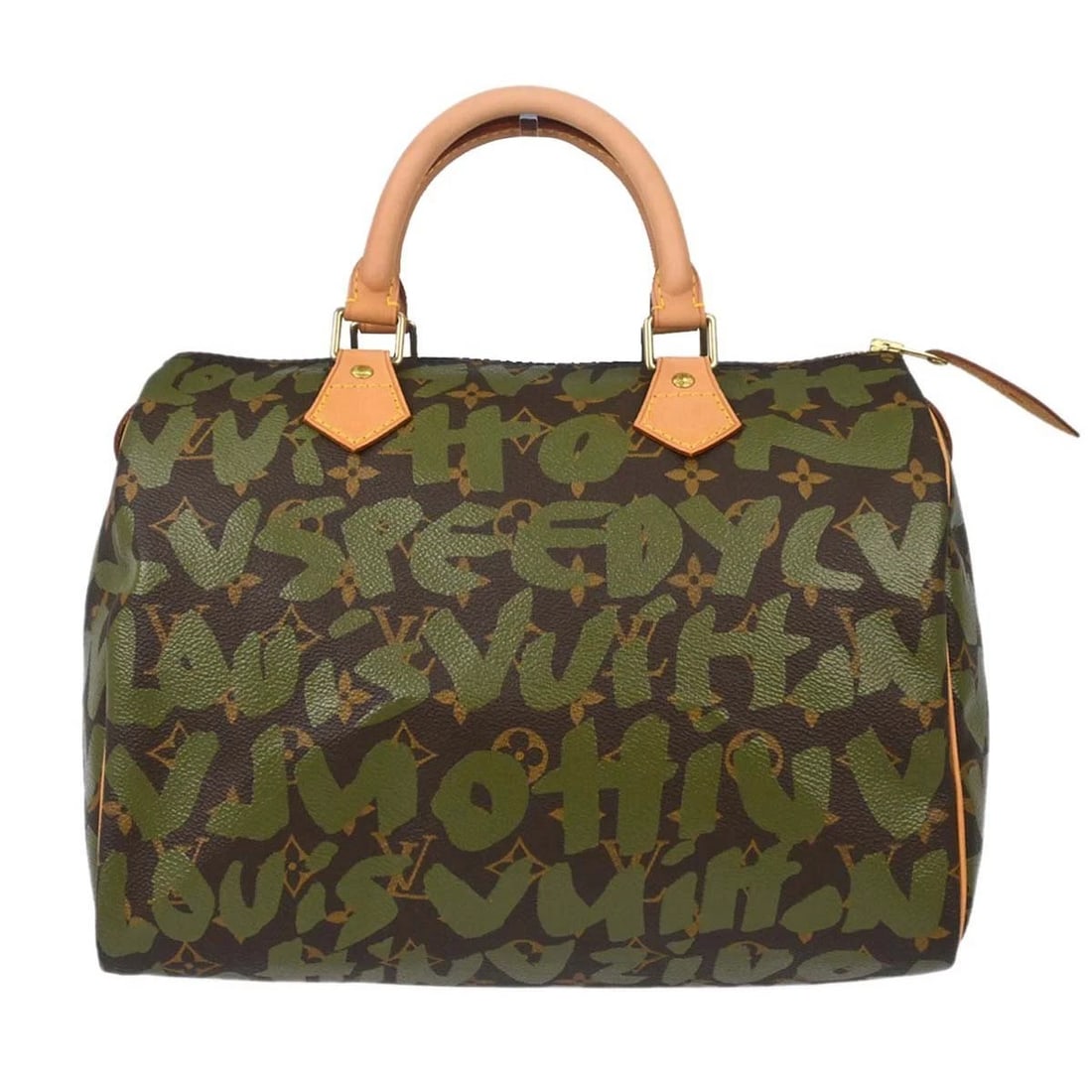 LOUIS VUITTON KHAKI MONOGRAM GRAFFITI SPEEDY 30 HANDBAG: Louis Vuitton Khaki Monogram Graffiti Speedy 30 Handbag Brand: Louis Vuitton Type/Style: Duffle Material: Monogram Graffiti Canvas, Leather Color: Khaki * Brown, Dark green Size: W 12.2 x H 8.5 x D 6.