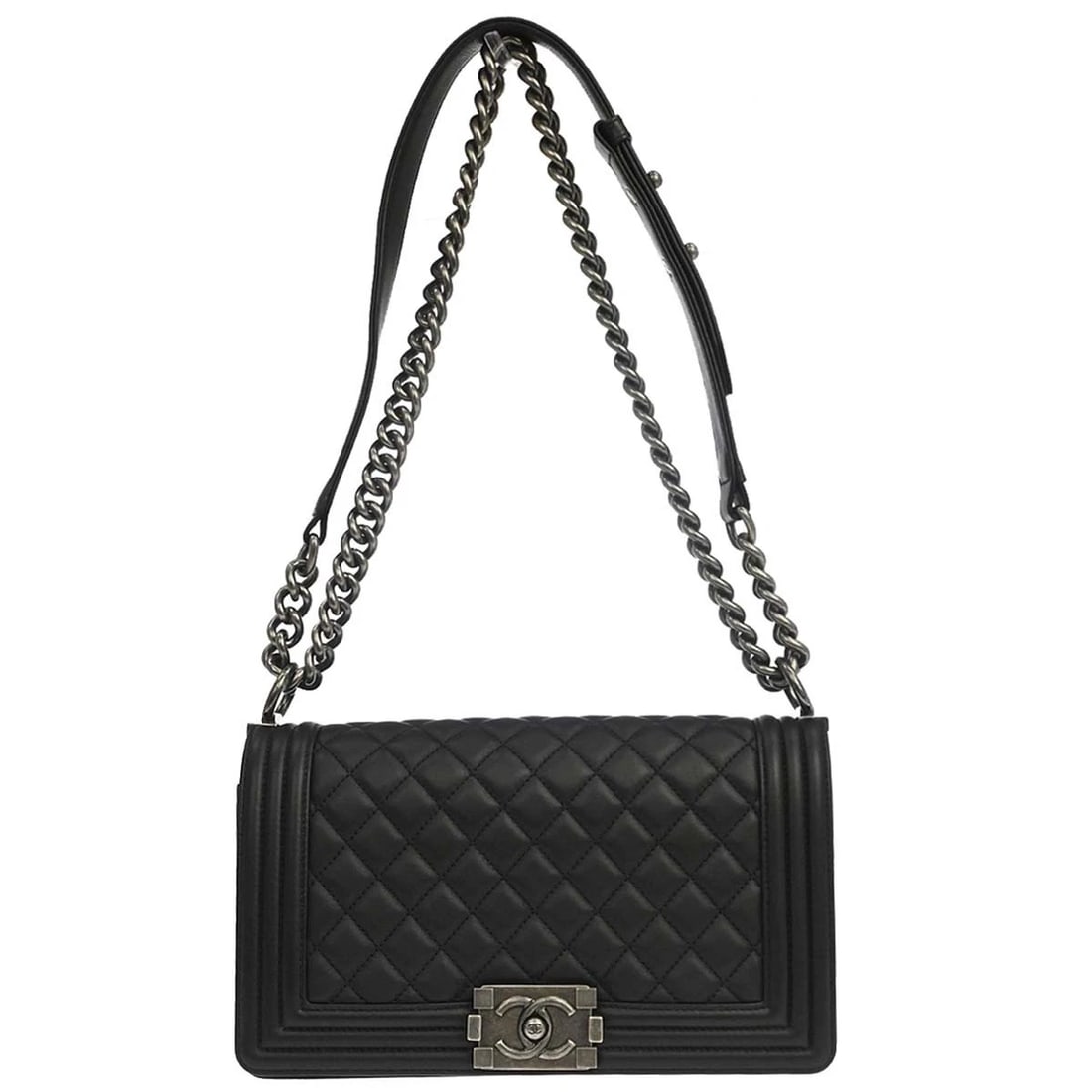BOY CHANEL BLACK LAMBSKIN MEDIUM SHOULDER BAG: Boy Chanel Black Lambskin Medium Shoulder Bag Brand: CHANEL Type/Style: Shoulder Bag Material: Lambskin Color: Black Size: W 9.8 x H 5.9 x D 3.1 inch Accessories: None Accessories Notice: