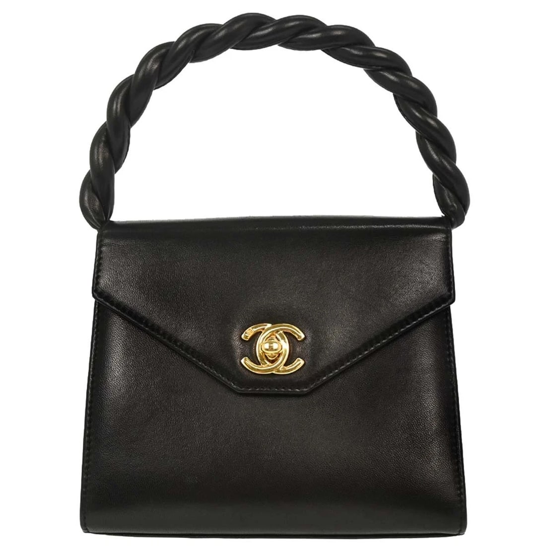 CHANEL BLACK LAMBSKIN TOP HANDLE HANDBAG: Chanel Black Lambskin Top Handle Handbag Brand: CHANEL Type/Style: Top Handle Bag Material: Lambskin Color: Black Size: W 6.3 x H 5.5 x D 2.8 inch Accessories: None Accessories Notice: Whe