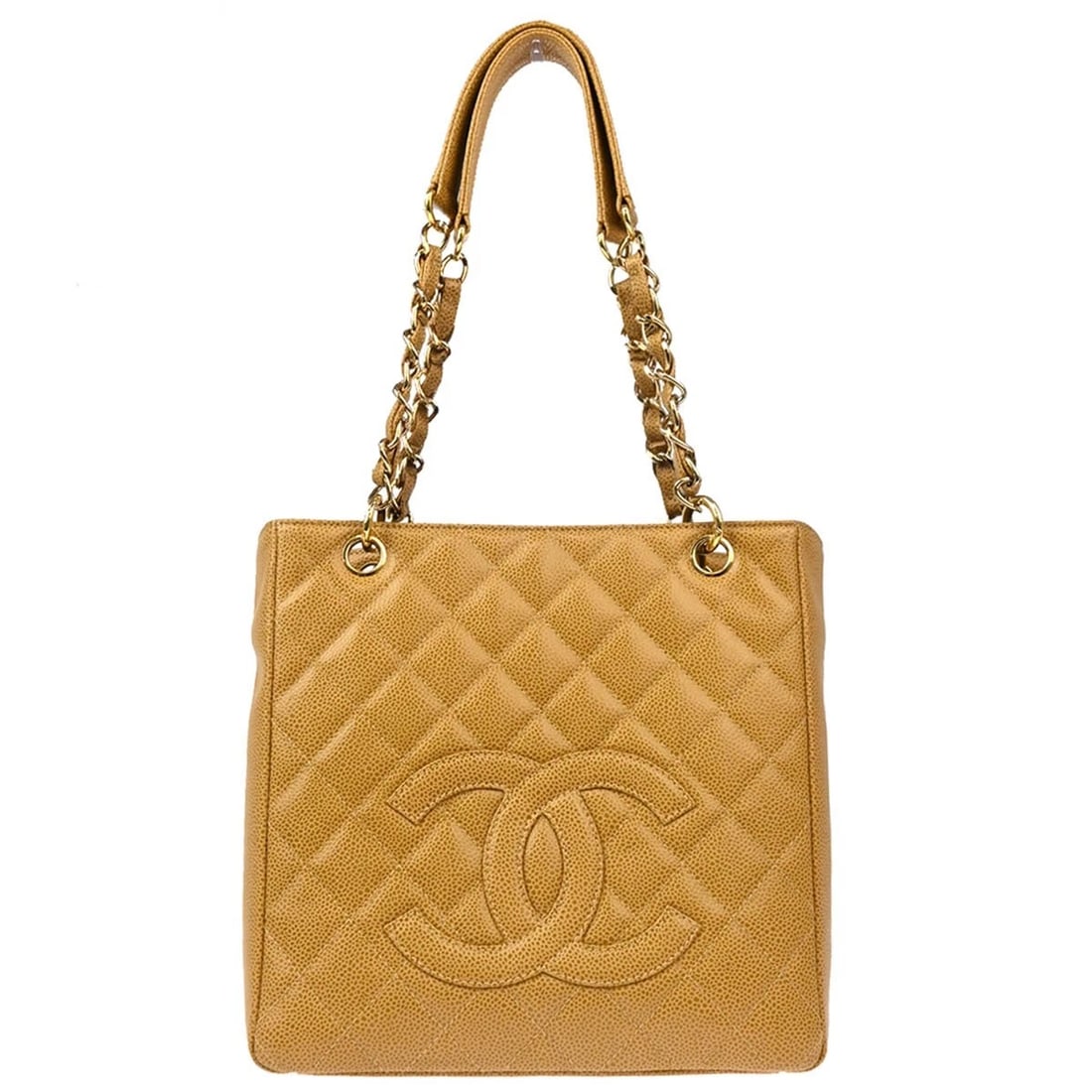 CHANEL BEIGE CALFSKIN PETITE SHOPPING TOTE CHAIN HANDBAG: Chanel Beige Calfskin Petite Shopping Tote Chain Handbag Brand: CHANEL Type/Style: Tote Material: Caviar Skin Leather Color: Beige Size: W 9.4 x H 9.4 x D 3.3 inch Accessories: None Access