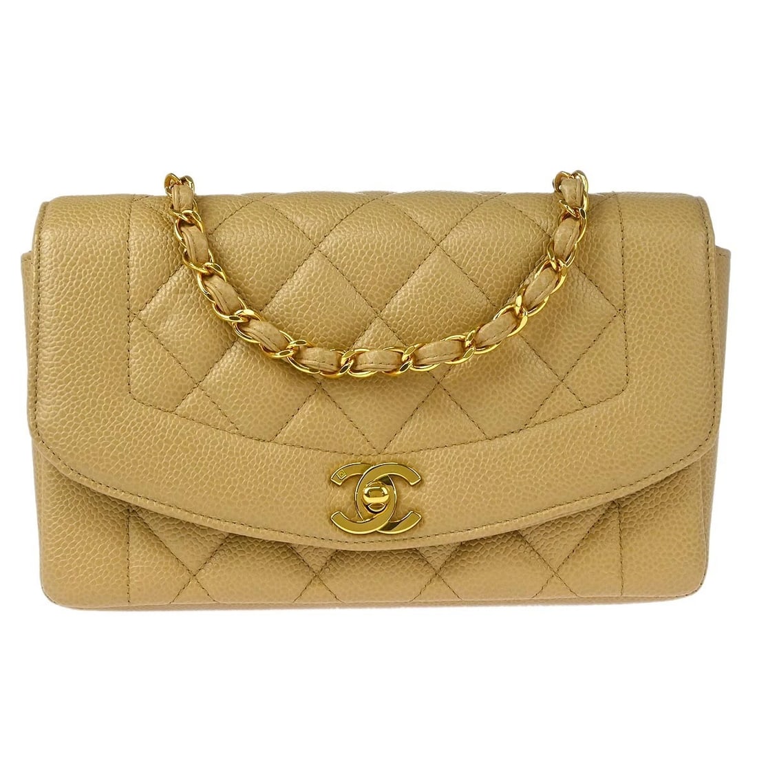 CHANEL BEIGE CALFSKIN SMALL DIANA SHOULDER BAG: Chanel Beige Calfskin Small Diana Shoulder Bag Brand: CHANEL Type/Style: Shoulder Bag Material: Caviar skin Leather Color: Beige Size: W 8.7 x H 5.5 x D 2.8 inch Accessories: None Accessor