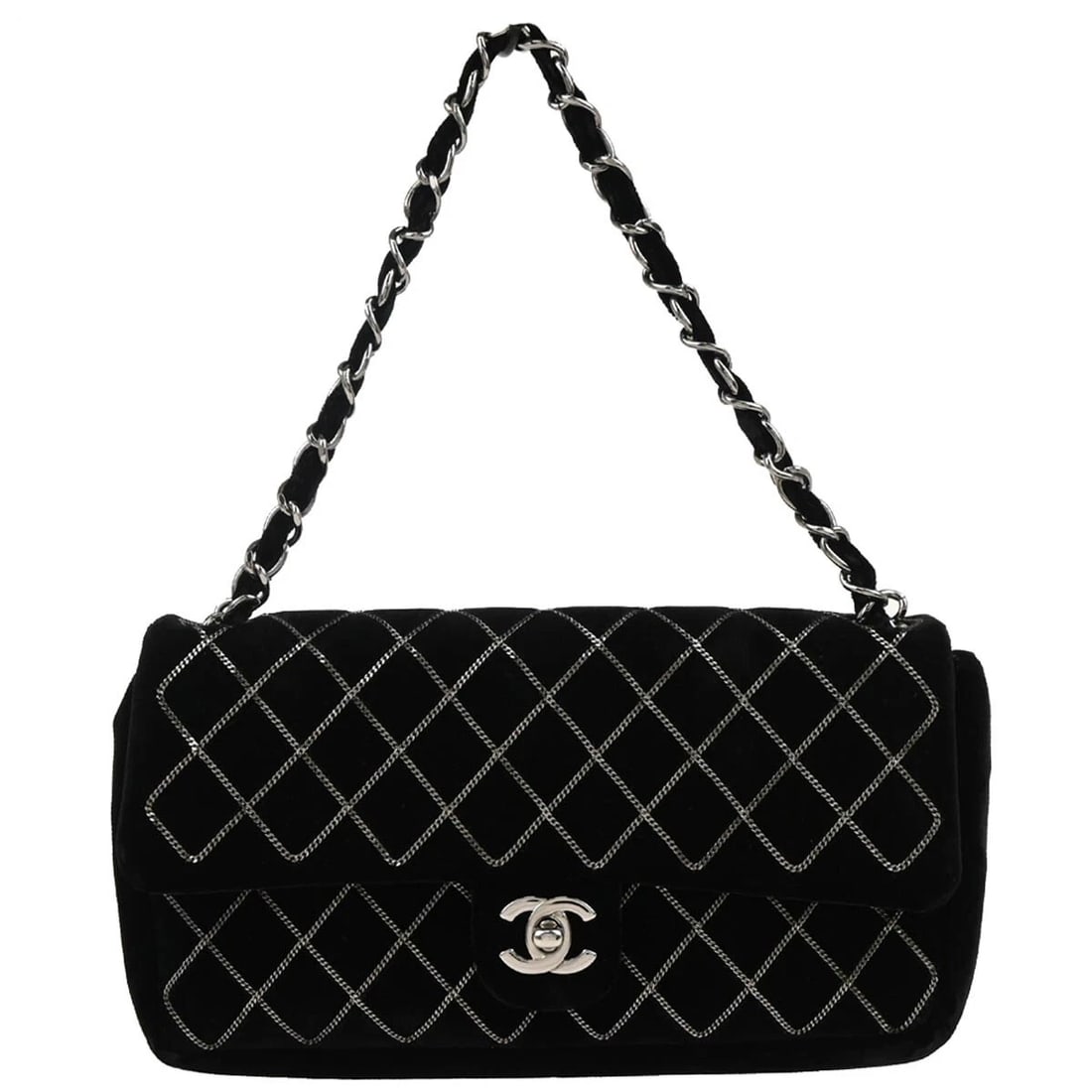 CHANEL BLACK VELVET EAST WEST HANDBAG: Chanel Black Velvet East West Handbag Brand: CHANEL Type/Style: Satchel/Top Handle Bag Material: Velvet Color: Black Size: W 9.8 x H 4.7 x D 2.0 inch Accessories: None Accessories Notice: