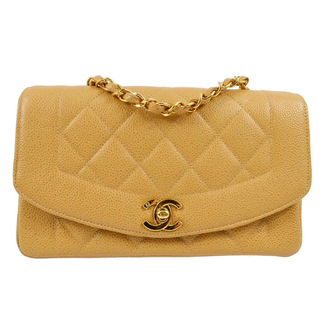 CHANEL BEIGE CALFSKIN SMALL DIANA SHOULDER BAG: Chanel Beige Calfskin Small Diana Shoulder Bag Brand: CHANEL Type/Style: Shoulder Bag Material: Caviar skin Leather Color: Beige Size: W 8.7 x H 5.5 x D 2.8 inch Accessories: None Accessor