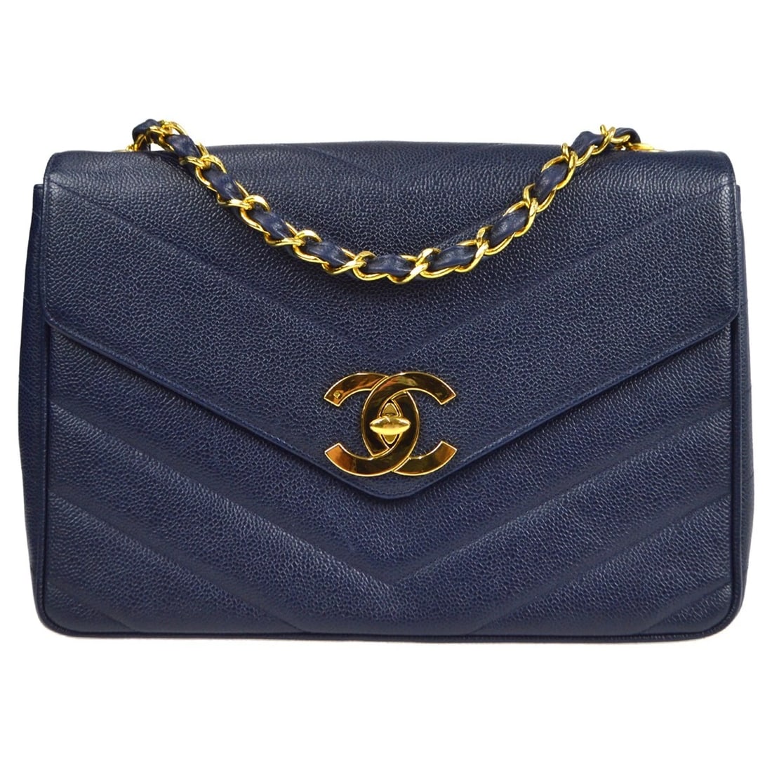 CHANEL NAVY CALFSKIN CHEVRON JUMBO CHAIN SHOULDER BAG: Chanel Navy Calfskin Chevron Jumbo Chain Shoulder Bag Brand: CHANEL Type/Style: Shoulder Bag Material: Caviar Skin Leather Color: Navy Size: W 11.8 inch x H 8.7 inch x D 3.1 inch Accessories: None