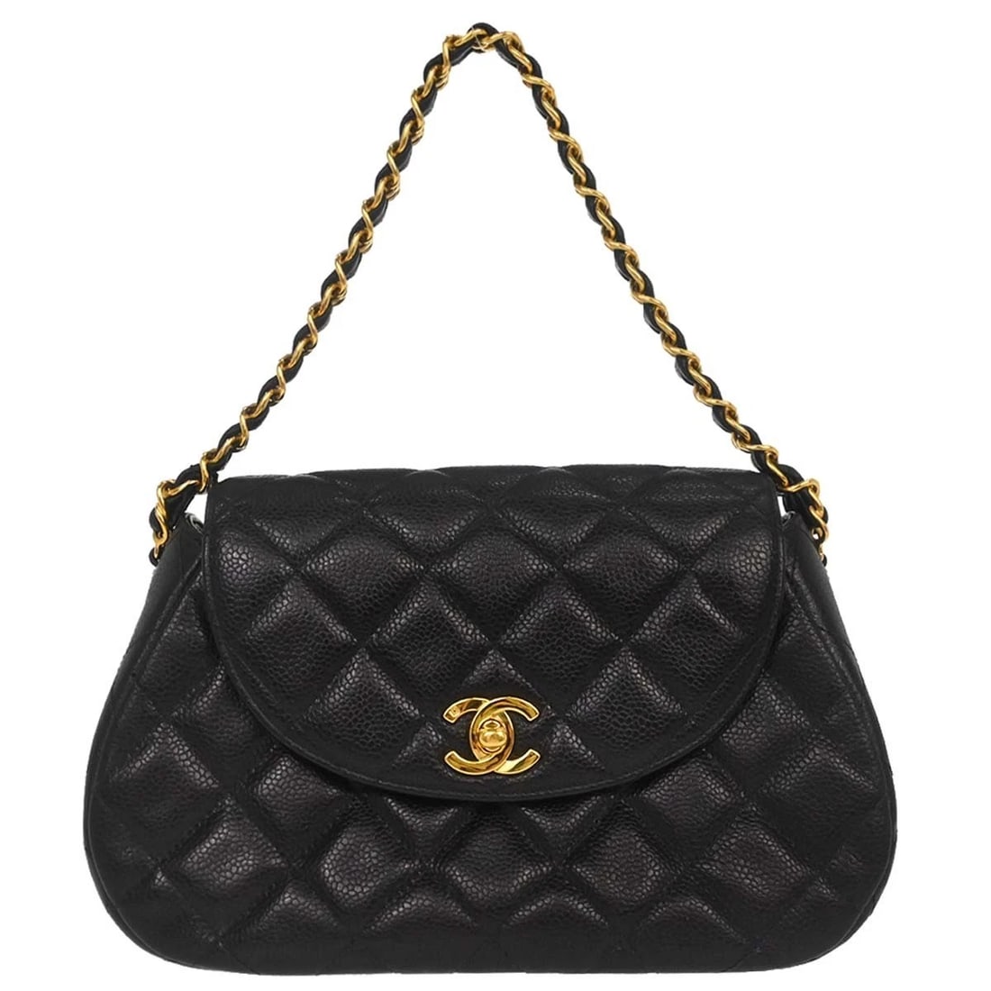 CHANEL BLACK CALFSKIN HANDBAG: Chanel Black Calfskin Handbag Brand: CHANEL Type/Style: Top Handle Bag Material: Caviar skin leather Color: Black Size: W 9.4 x H 6.3 x D 3.1 inch Accessories: None Accessories Notice: Whe