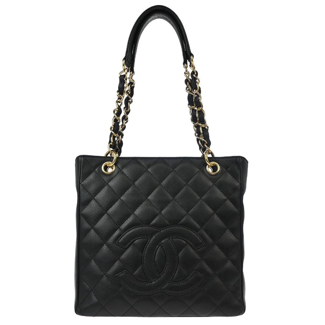 CHANEL BLACK CALFSKIN PETITE SHOPPING CHAIN HANDBAG: Chanel Black Calfskin Petite Shopping Chain Handbag Brand: CHANEL Type/Style: Tote Material: Caviar Skin Leather Color: Black Size: W 9.4 x H 9.4 x D 3.3 inch Accessories: None Accessories