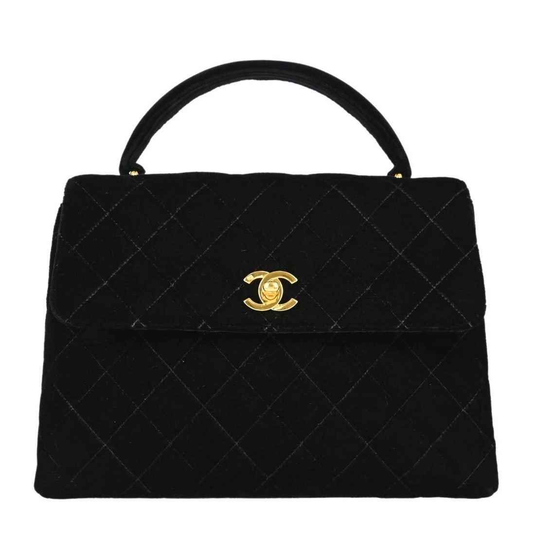 CHANEL BLACK VELVET TOP HANDLE HANDBAG: Chanel Black Velvet Top Handle Handbag Brand: CHANEL Type/Style: Top Handle Bag Material: Velvet Color: Black Size: W 9.8 x H 6.7 x D 3.5 inch Accessories: None Accessories Notice: When pu