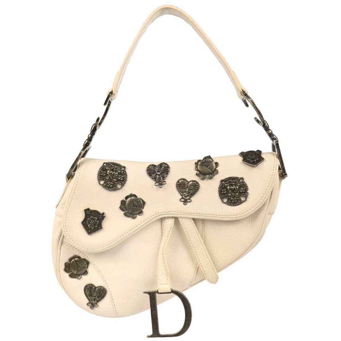 CHRISTIAN DIOR WHITE LEATHER SADDLE HANDBAG: Christian Dior White Leather Saddle Handbag Brand: Dior Type/Style: Saddle Bag Material: Leather Color: White Size: W 9.4 x H 7.5 x D 3.1 inch Accessories: None Accessories Notice: When pu