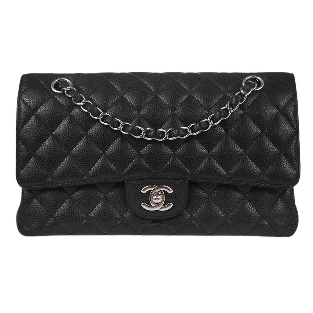 CHANEL BLACK CALFSKIN MEDIUM CLASSIC DOUBLE FLAP SHOULDER BAG: Chanel Black Calfskin Medium Classic Double Flap Shoulder Bag Brand: CHANEL Type/Style: Shoulder Bag Material: Caviar skin Leather Color: Black Size: W 9.8 x H 5.9 x D 2.8 inch Accessories: None <