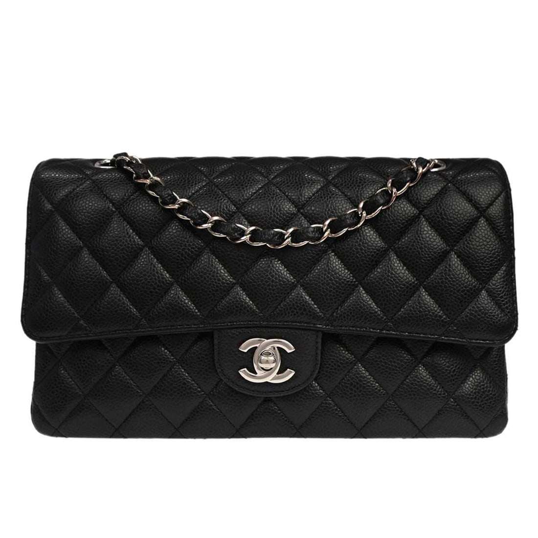 CHANEL BLACK CALFSKIN MEDIUM CLASSIC DOUBLE FLAP SHOULDER BAG: Chanel Black Calfskin Medium Classic Double Flap Shoulder Bag Brand: CHANEL Type/Style: Shoulder Bag Material: Caviar skin leather Color: Black Size: W 9.8 x H 6.3 x D 2.8 inch Accessories: None <