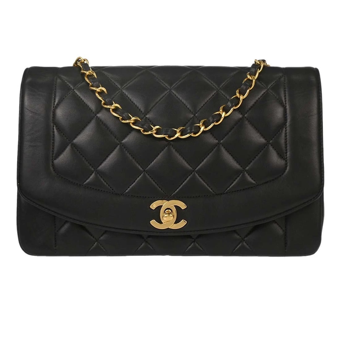 CHANEL BLACK LAMBSKIN MEDIUM DIANA SHOULDER BAG: Chanel Black Lambskin Medium Diana Shoulder Bag Brand: CHANEL Type/Style: Shoulder Bag Material: Lambskin Leather Color: Black Size: W 9.8 x H 6.3 x D 2.8 inch Accessories: None Accessories Notice: