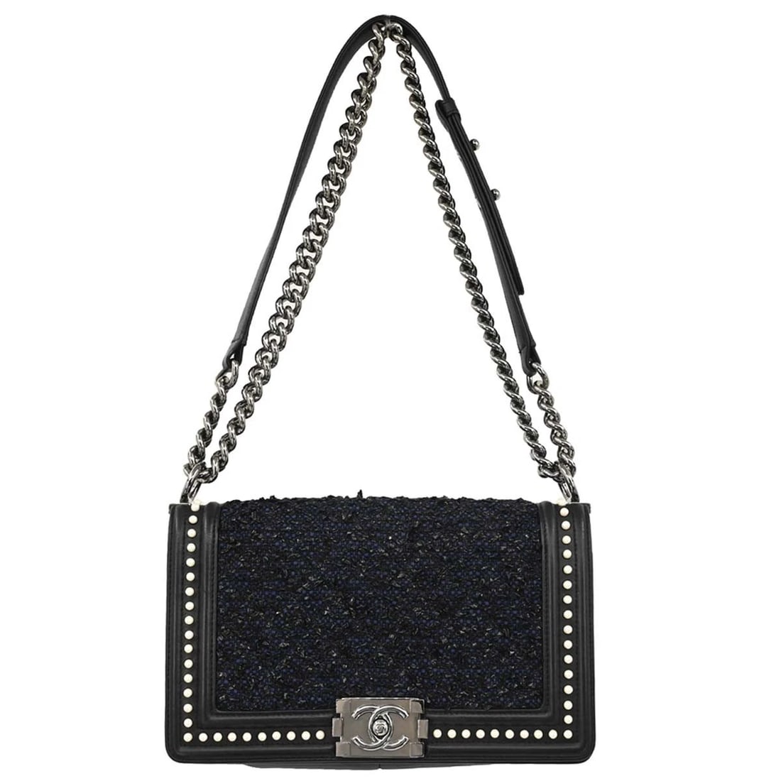 BOY CHANEL BLACK LAMBSKIN TWEED MEDIUM SHOULDER BAG: Boy Chanel Black Lambskin Tweed Medium Shoulder Bag Brand: CHANEL Type/Style: Shoulder Bag Material: Lambskin, Tweed, Artificial Pearl Color: Black, Navy Size: W 9.8 x H 5.9 x D 3.1 inch Accessories: