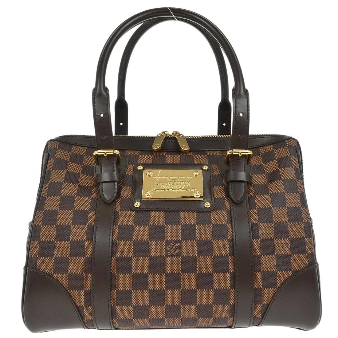 LOUIS VUITTON DAMIER BERKELEY HANDBAG: Louis Vuitton Damier Berkeley Handbag Brand: Louis Vuitton Type/Style: Top Handle Bag Material: Damier canvas, Leather Color: Ebene*Brown Size: W 12.2 x H 8.7 x D 7.5 inch Accessories: None