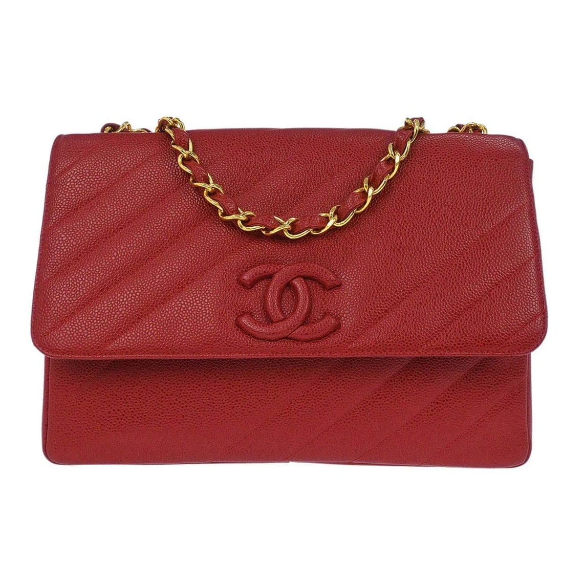 CHANEL RED CALFSKIN STRAIGHT FLAP JUMBO SHOULDER BAG: Chanel Red Calfskin Straight Flap Jumbo Shoulder Bag Brand: CHANEL Type/Style: Shoulder Bag Material: Caviar Skin Leather Color: Red Size: W 11.8 x H 8.3 x D 3.5 inch Accessories: None Acc