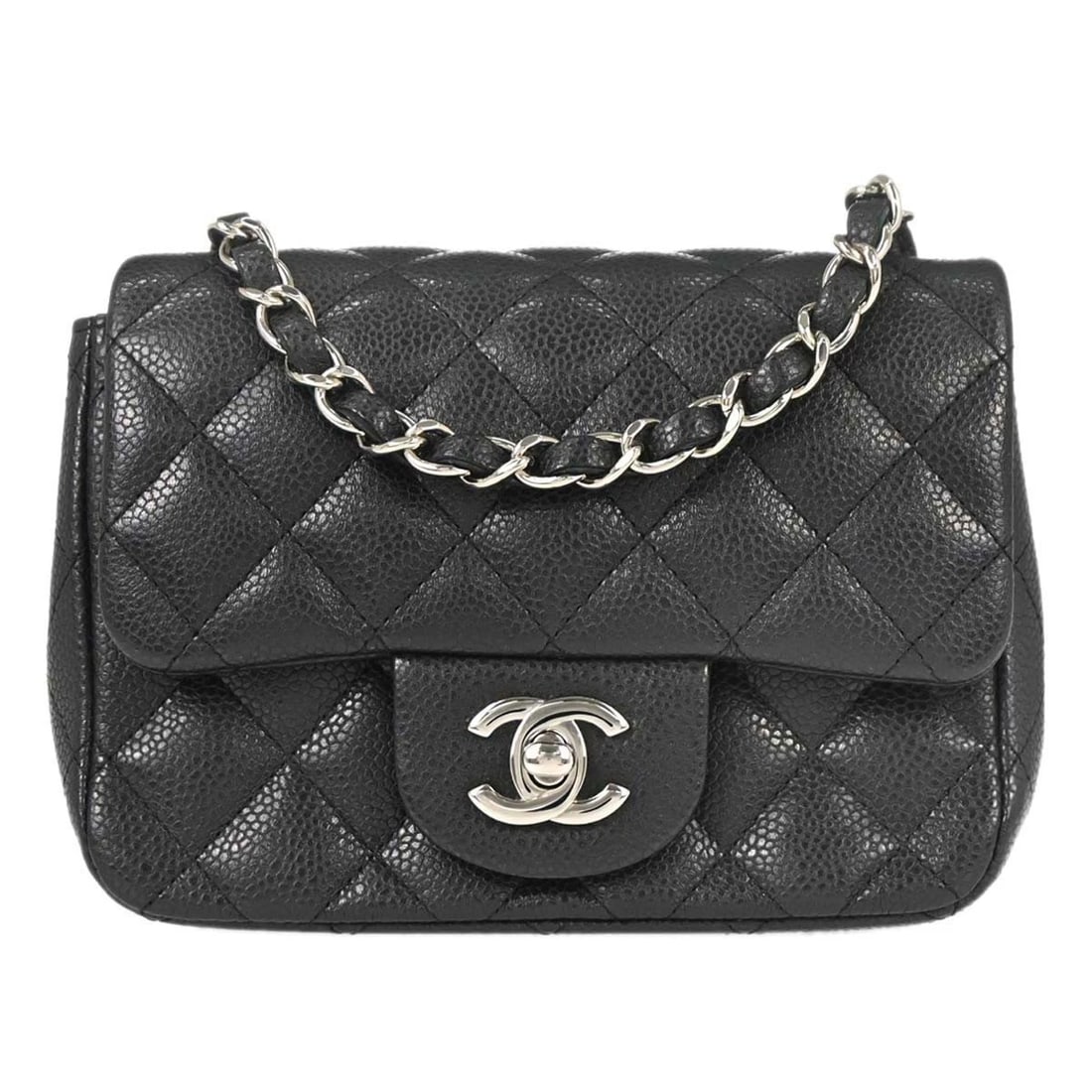 CHANEL BLACK CALFSKIN MINI CLASSIC SQUARE FLAP SHOULDER BAG: Chanel Black Calfskin Mini Classic Square Flap Shoulder Bag Brand: CHANEL Type/Style: Shoulder Bag Material: Caviar skin Leather Color: Black Size: W 6.7 x H 5.1 x D 2.4 inch Accessories: None
