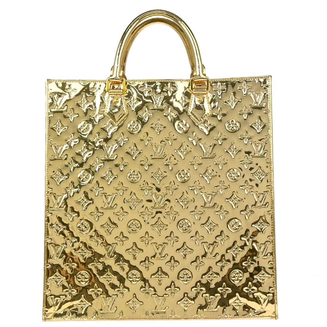 LOUIS VUITTON GOLD MONOGRAM MIROIR SAC PLAT TOTE HANDBAG: Louis Vuitton Gold Monogram Miroir Sac Plat Tote Handbag Brand: Louis Vuitton Type/Style: Tote Material: Monogram Mirror Vinyl Color: Dore * Gold Size: W 14.2 x H 15.0 x D 3.5 inch Accessories: No