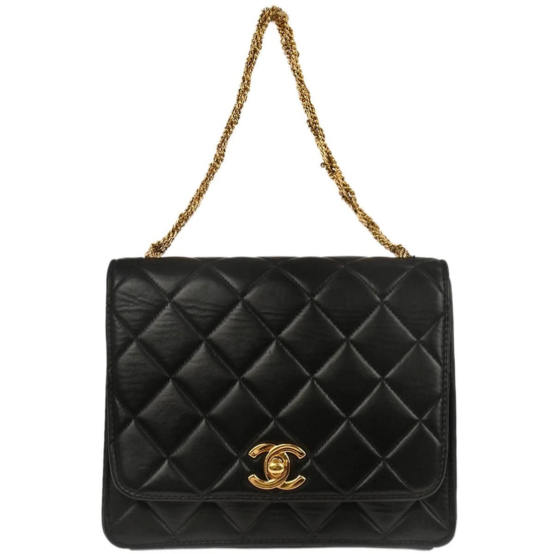 CHANEL BLACK LAMBSKIN HANDBAG: Chanel Black Lambskin Handbag Brand: CHANEL Type/Style: Top Handle Bag Material: Lambskin Color: Black Size: W 7.1 x H 6.3 x D 2.8 inch Accessories: None Accessories Notice: When purchasin