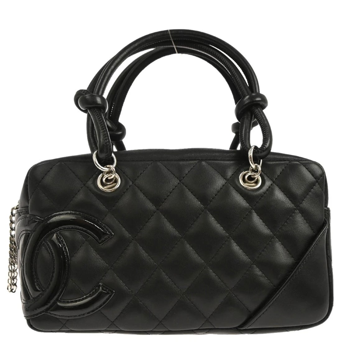 CHANEL BLACK CALFSKIN CAMBON LIGNE HANDBAG: Chanel Black Calfskin Cambon Ligne Handbag Brand: CHANEL Type/Style: Top Handle Bag Material: Calfskin Leather, Patent Leather Color: Black Size: W 8.3 x H 4.7 x D 3.9 inch Accessories: None <