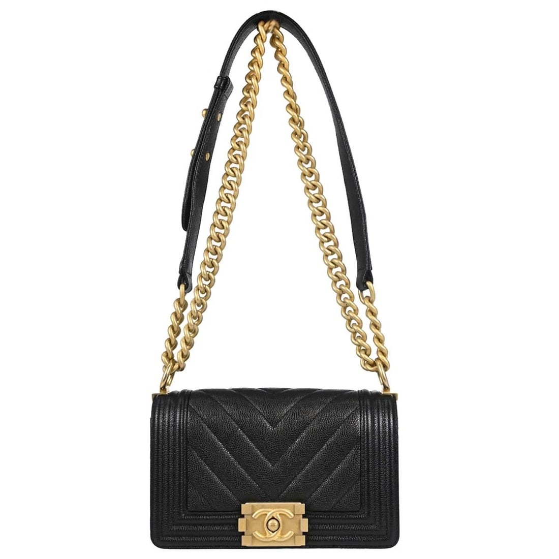 BOY CHANEL BLACK CALFSKIN SMALL CHAIN SHOULDER BAG: Boy Chanel Black Calfskin Small Chain Shoulder Bag Brand: CHANEL Type/Style: Shoulder Bag Material: Caviar skin leather Color: Black Size: W 7.9 x H 5.1 x D 2.8 inch Accessories: None Acce