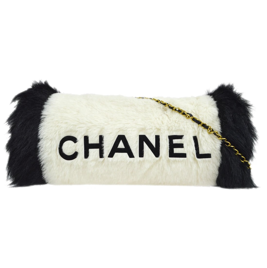 CHANEL WHITE BLACK FUR HAND WARMER CHAIN SHOULDER BAG: Chanel White Black Fur Hand Warmer Chain Shoulder Bag Brand: CHANEL Type/Style: Shoulder Bag Material: Fur Color: Ivory, Black Size: W 16.9 x H 10.6 x D 2.0 inch Accessories: None Accessories Notice: