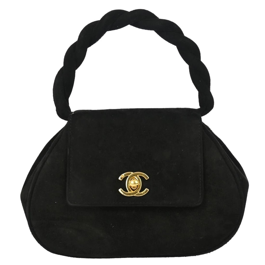 CHANEL BLACK SUEDE HANDBAG: Chanel Black Suede Handbag Brand: CHANEL Type/Style: Top Handle Bag Material: Suede(Nubuck) Color: Black Size: W 7.1 x H 4.7 x D 2.8 inch Accessories: None Accessories Notice: When purchas