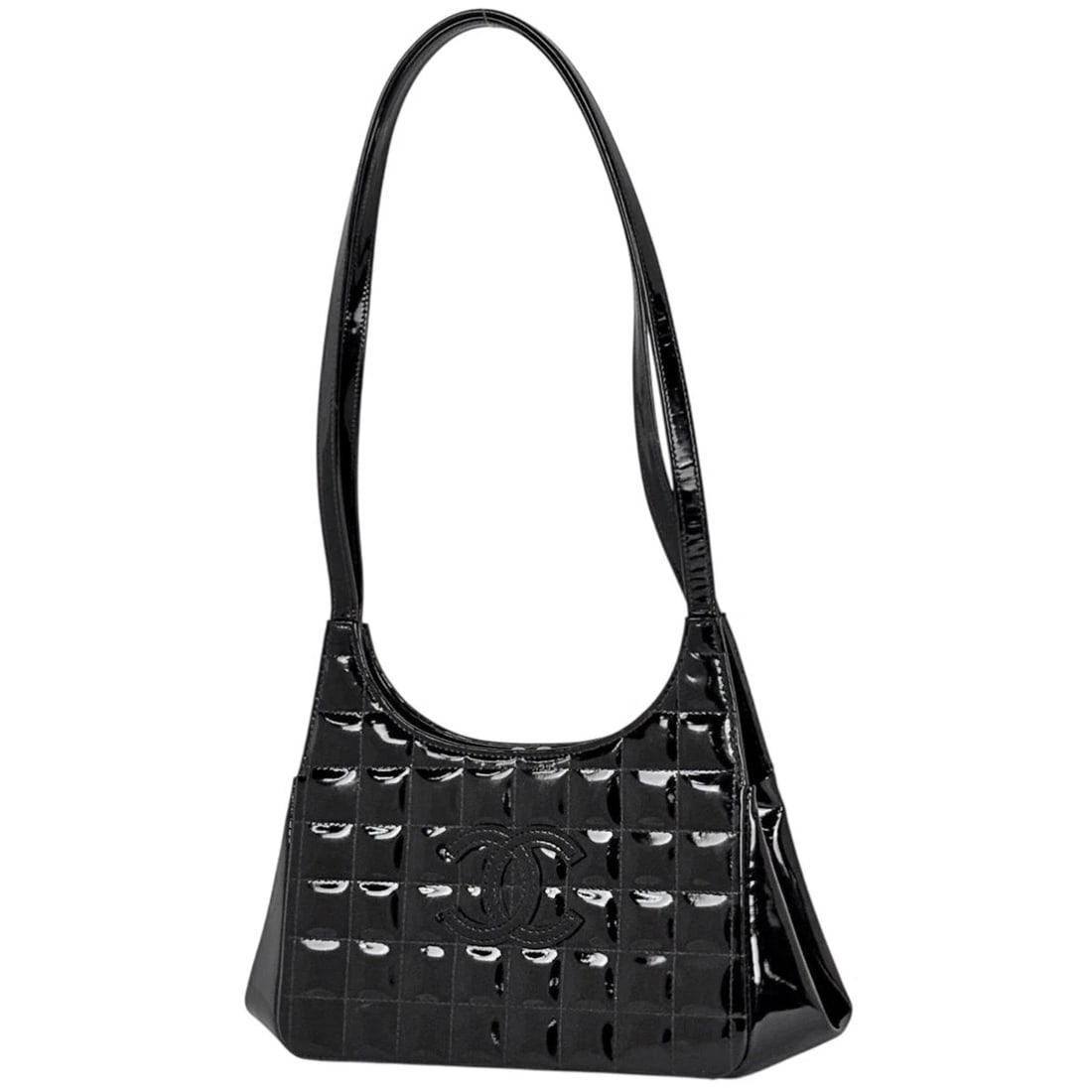 CHANEL CHOCO BAR SHOULDER BAG SHOULDER BAG: Chanel Choco Bar Shoulder Bag Shoulder Bag Brand: CHANEL Type/Style: Shoulder Bag Material: Patent leather Color: Black Size: Width 28cm(Maximum value:11inch) Height 14cm(Median:5.5inch) Depth