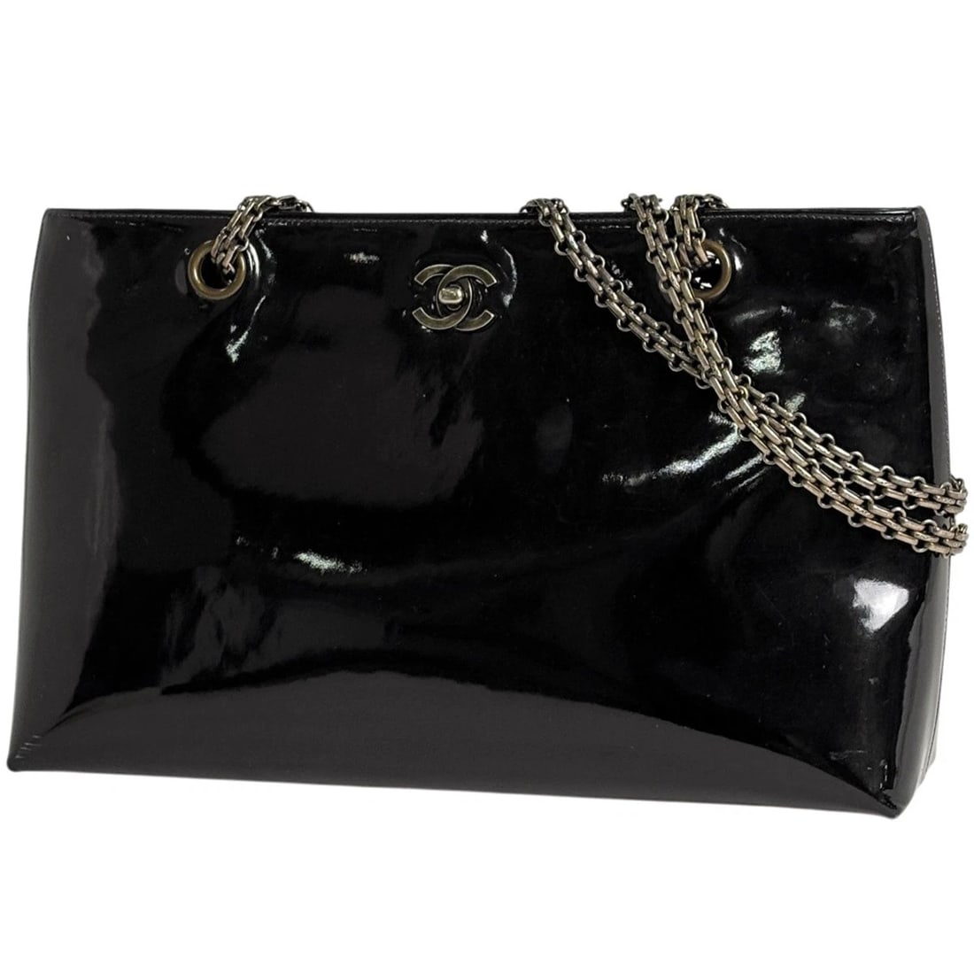 CHANEL CHAIN TOTE BAG ENAMEL PATENT LEATHER: Chanel Chain Tote Bag enamel Patent leather Brand: CHANEL Type/Style: Tote Bag Material: Patent leather Color: Black Size: Width 32cm(12.6inch) Height 20.5cm(8.1inch) Depth 8cm(3.1inch) Accessories: