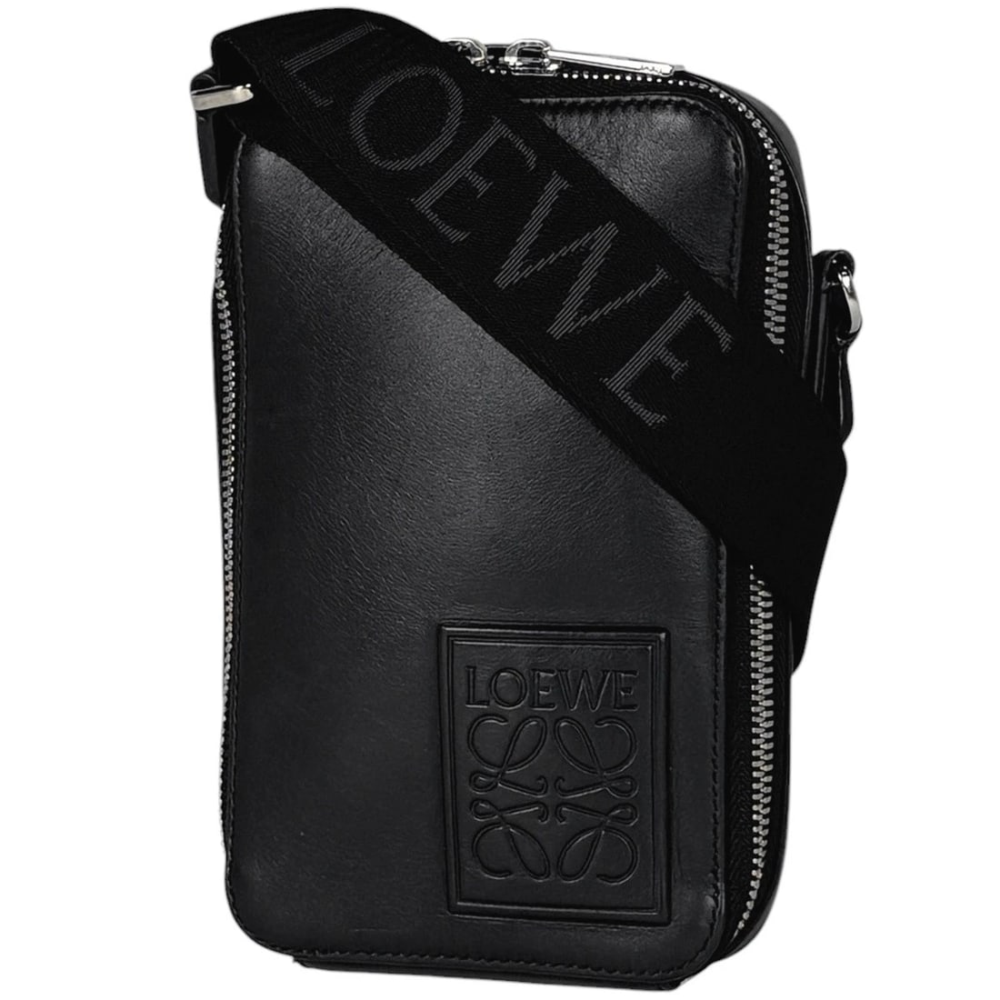 LOEWE VERTICAL CROSSBODY POCKET SHOULDER BAG: Loewe Vertical Crossbody Pocket Shoulder Bag Brand: LOEWE Type/Style: Shoulder Bag Material: leather Color: Black Size: Width 10.5cm(4.1inch) Height 17.5cm(6.9inch) Depth 4cm(1.6inch) Accessories: