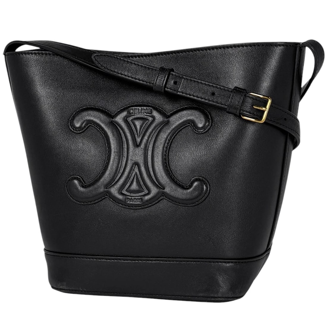 CELINE SMALL BUCKET CUILE TRIOMPHE SHOULDER BAG: Celine Small bucket cuile triomphe Shoulder Bag Brand: CELINE Type/Style: Shoulder Bag Material: leather Color: Black Size: Width 18cm(7.1inch) Height 22cm(8.7inch) Depth 12.5cm(4.9inch) Accessori