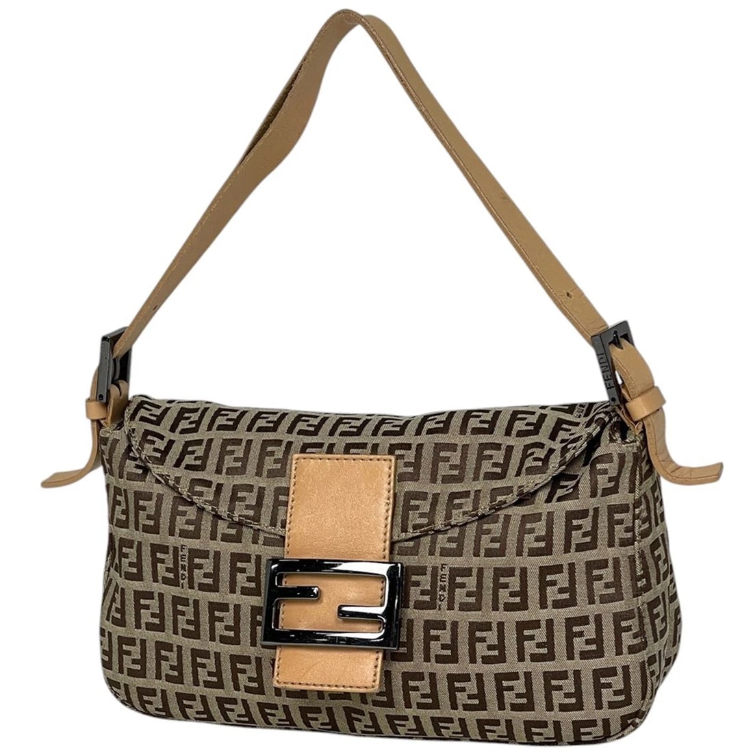 FENDI ZUCCHINOPATTERN SHOULDER BAG: FENDI ZucchinoPattern Shoulder Bag Brand: FENDI Type/Style: Shoulder Bag Material: canvas ?leather Color: Beige Size: Width 25cm(9.8inch) Height 14cm(5.5inch) Depth 8.5cm(3.3inch) Accessories: None
