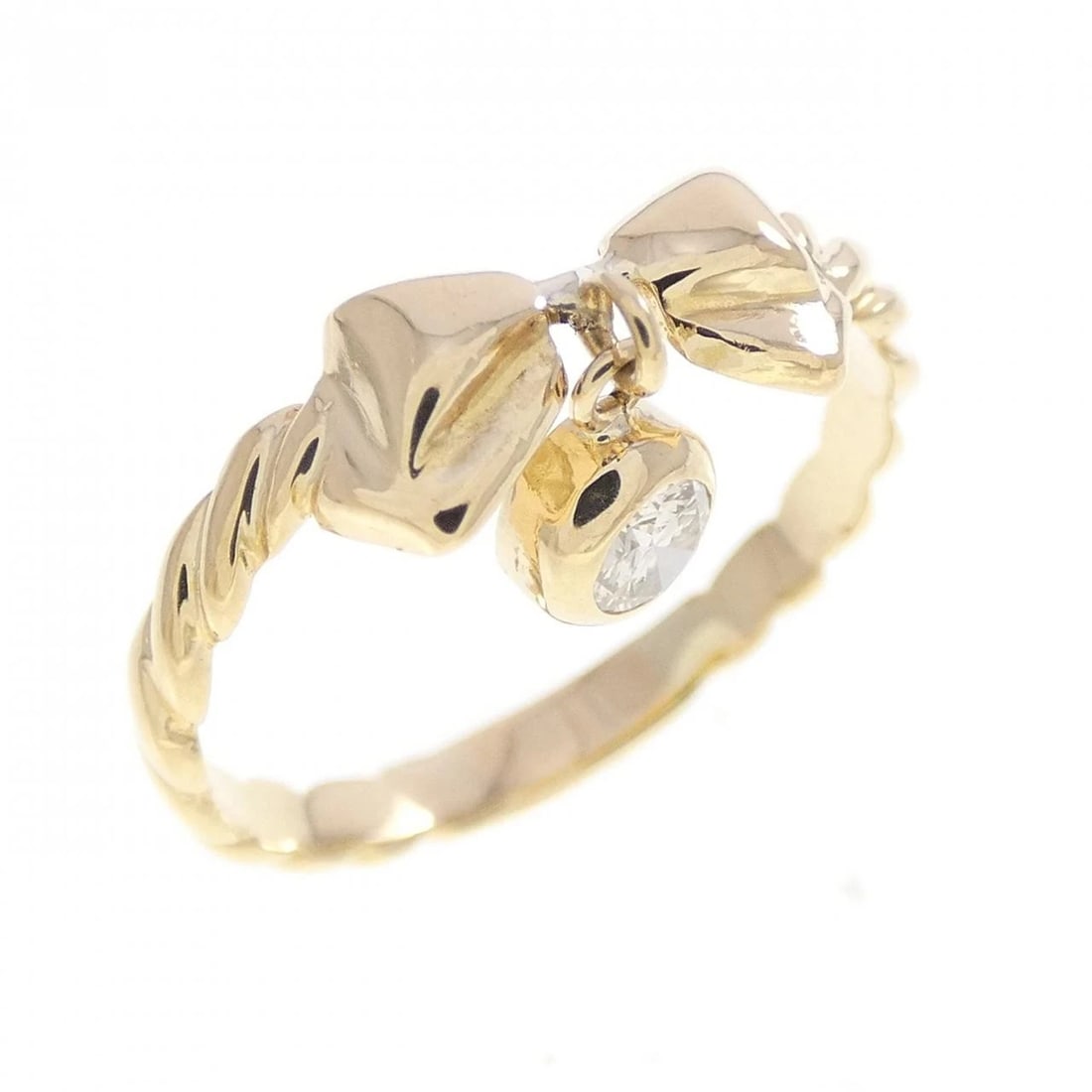 K18YG RIBBON DIAMOND RING: K18YG Ribbon Diamond Ring Brand: Unbranded Type/Style: Diamond Ring Material: K18 yellow gold, Main Stone Natural Color: YG Size: US4 Accessories: None Accessories Notice: When purchasing pre-owned