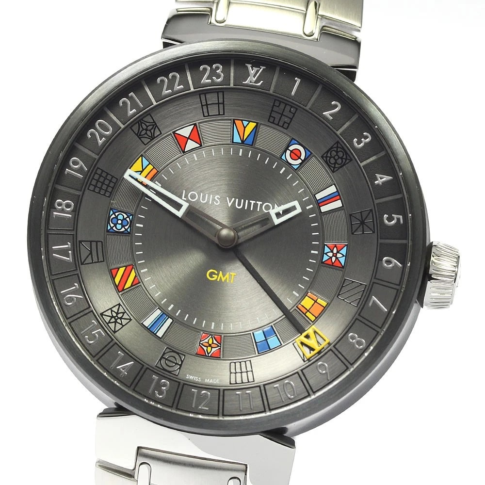 LOUIS VUITTON TAMBOUR MOON DUAL TIME GMT QUARTZ WATCH: LOUIS VUITTON Tambour Moon Dual Time GMT Quartz Watch Brand: LOUIS VUITTON Type/Style: Wristwatch Material: Band Material Stainless Steel, Case Material Stainless Steel Color: Dial Color gray Size: