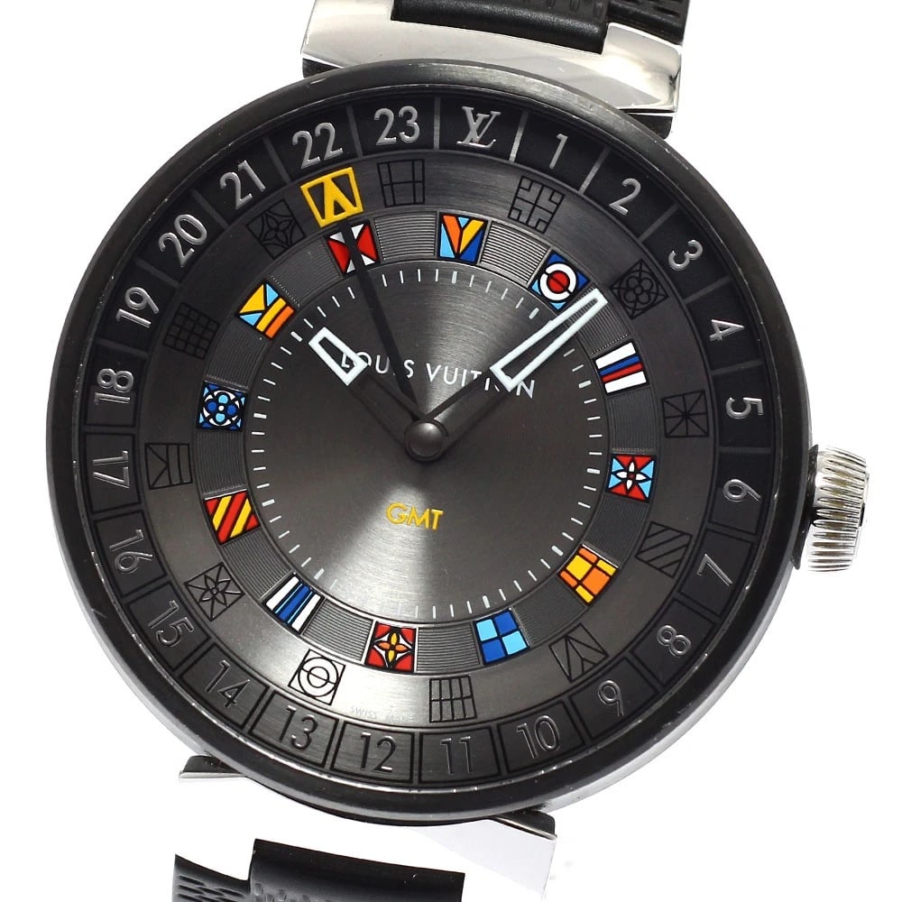 LOUIS VUITTON TAMBOUR DUAL TIME GMT GRAY WATCH: LOUIS VUITTON Tambour Dual Time GMT gray Watch Brand: LOUIS VUITTON Type/Style: Wristwatch Material: Band Material rubber, Case Material Stainless Steel Color: Dial Color gray Size: About 44mm (1.7inc