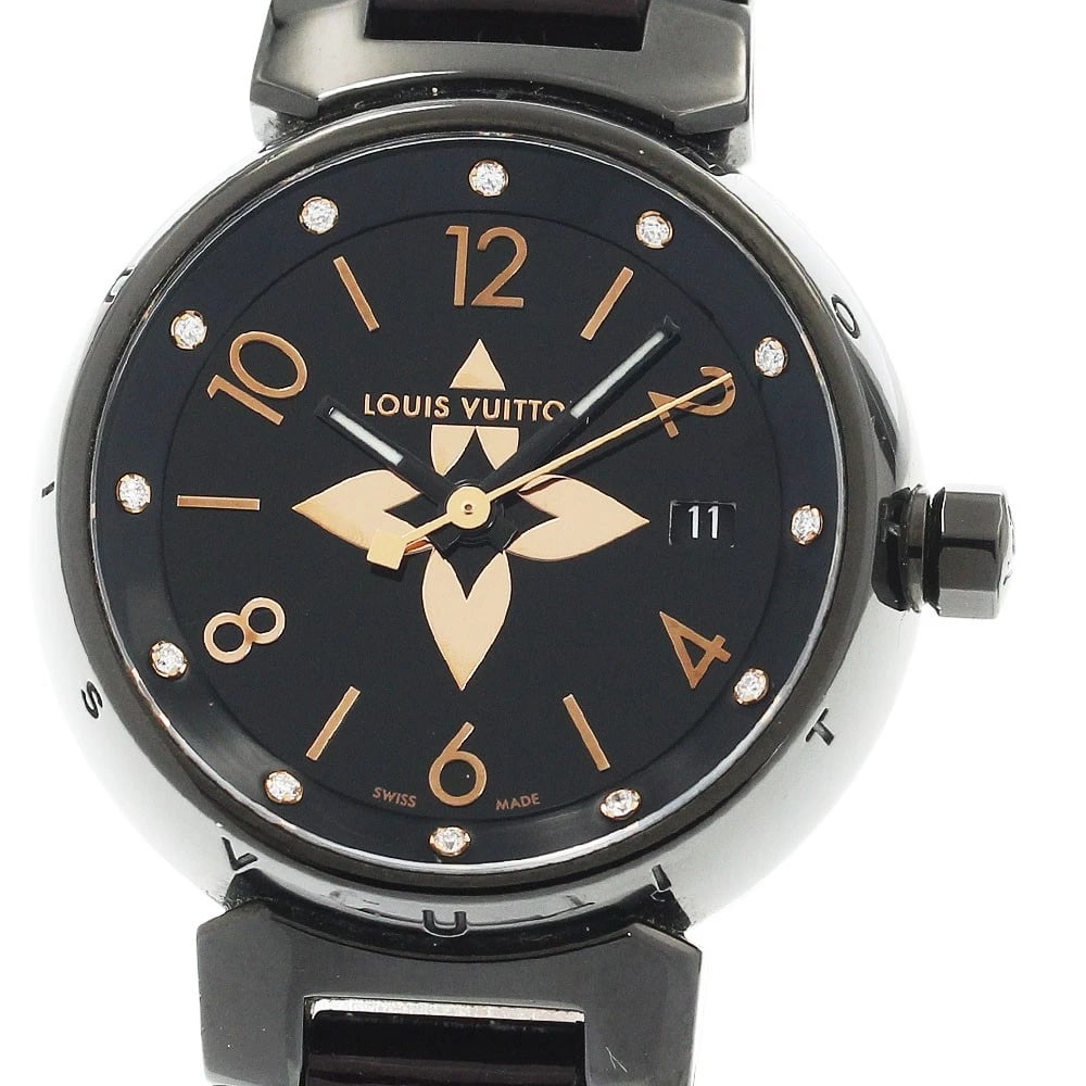 LOUIS VUITTON TAMBOUR ALL BLACK PM DIAMOND QUARTZ WATCH: LOUIS VUITTON Tambour All Black PM diamond Quartz Watch Brand: LOUIS VUITTON Type/Style: Wristwatch Material: Band Material Leather / enamel, Case Material Stainless Steel Color: Dial Color black Size