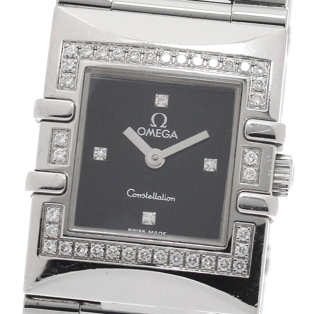 OMEGA CONSTELLATION CARRE QUADRA DIAMOND BEZEL WATCH: OMEGA Constellation Carre Quadra diamond bezel Watch Brand: OMEGA Type/Style: Wristwatch Material: Band Material Stainless Steel, Case Material Stainless Steel Color: Dial Color black Size: Case Size 