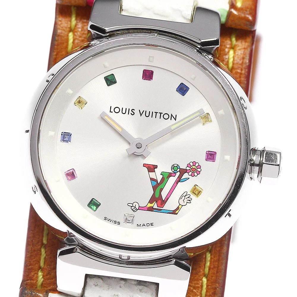 LOUIS VUITTON TAMBOUR TAKASHI MURAKAMI COLLABORATION QUARTZ WATCH: LOUIS VUITTON Tambour Takashi Murakami collaboration Quartz Watch Brand: LOUIS VUITTON Type/Style: Wristwatch Material: Band Material leather, Case Material Stainless Steel Color: Dial Color Silver Si