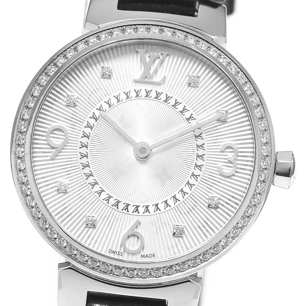 LOUIS VUITTON TAMBOUR MONOGRAM DIAMOND BEZEL QUARTZ WATCH: LOUIS VUITTON Tambour monogram Diamond bezel Quartz Watch Brand: LOUIS VUITTON Type/Style: Wristwatch Material: Band Material leather, Case Material Stainless Steel Color: Dial Color Silver Size: Case