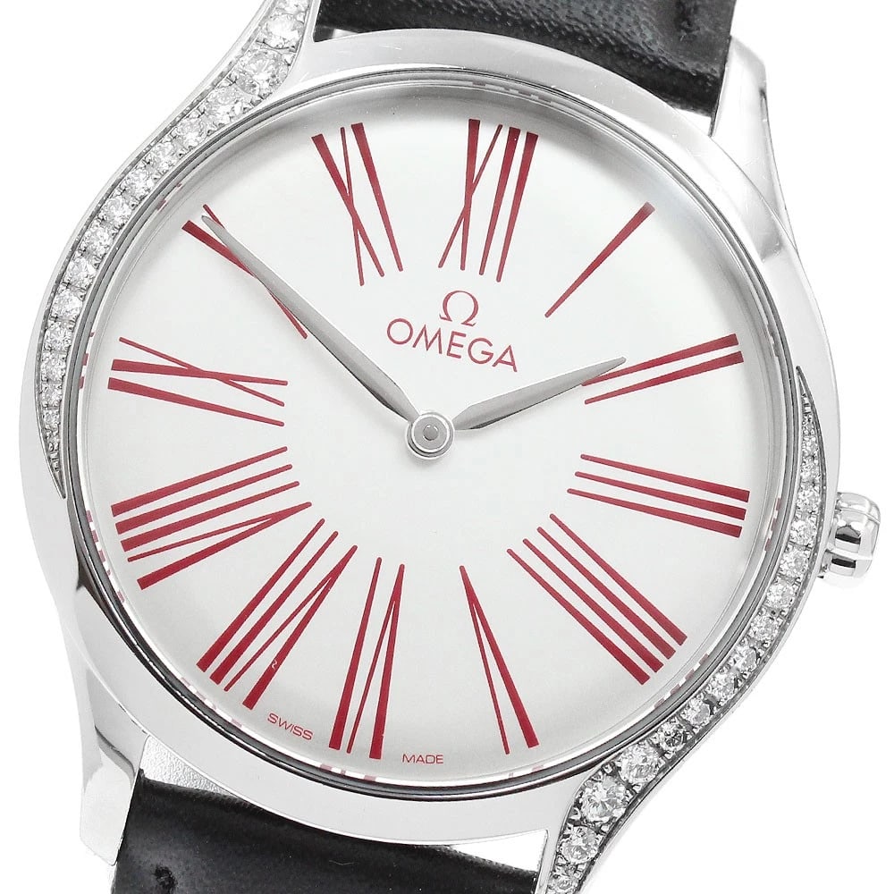 OMEGA DE VILLE TRESOR DIAMOND BEZEL QUARTZ WATCH: OMEGA De Ville Tresor Diamond Bezel Quartz Watch Brand: OMEGA Type/Style: Wristwatch Material: Band Material leather, Case Material Stainless Steel Color: Dial Color white Size: Case Size About36mm (1