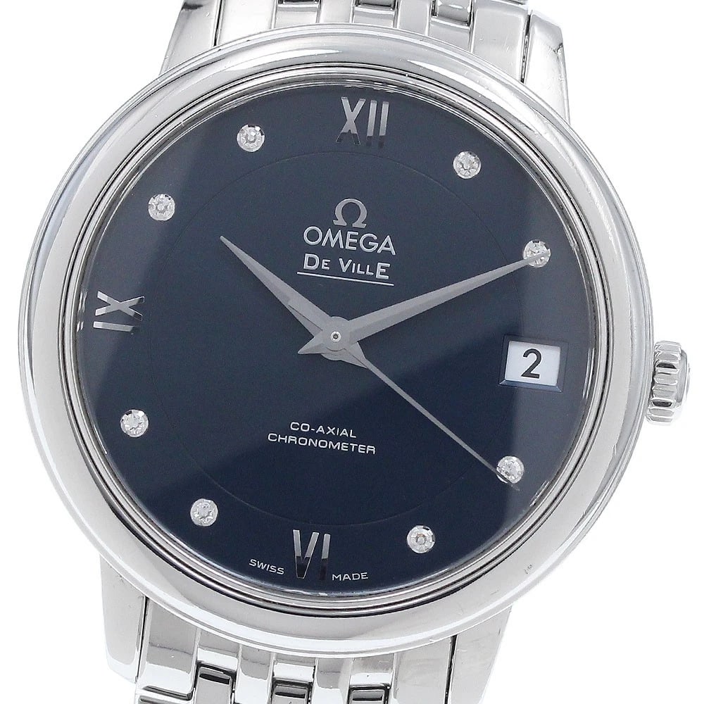 OMEGA DE VILLE PRESTIGE DIAMOND AUTOMATIC WATCH: OMEGA De Ville Prestige Diamond Automatic Watch Brand: OMEGA Type/Style: Wristwatch Material: Band Material Stainless Steel, Case Material Stainless Steel Color: Dial Color Navy Size: Case Size