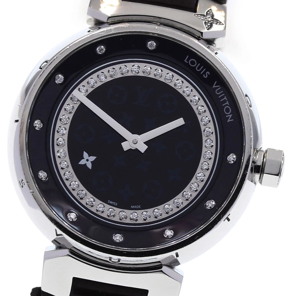 LOUIS VUITTON TAMBOUR DISC AMARANT DIAMON MM DIAMOND QUARTZ WATCH: LOUIS VUITTON Tambour Disc Amarant Diamon MM Diamond Quartz Watch Brand: LOUIS VUITTON Type/Style: Wristwatch Material: Band Material Enamel / leather, Case Material Stainless Steel Color: Dial Color 