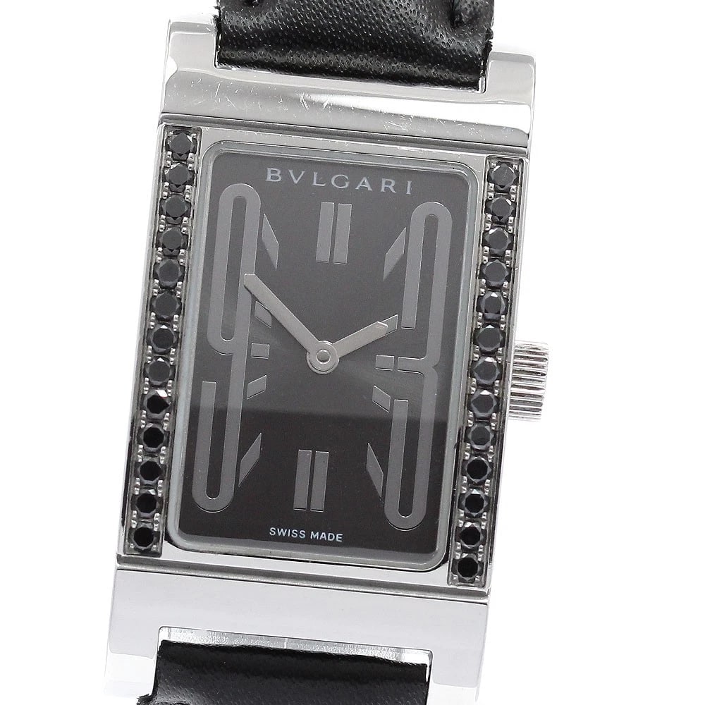 BVLGARI RETTANGOLO BLACK DIAMOND BEZEL BLACK DIAL QUARTZ WATCH: BVLGARI Rettangolo black diamond bezel black Dial Quartz Watch Brand: BVLGARI Type/Style: Wristwatch Material: Band Material leather, Case Material Stainless Steel Color: Dial Color black Size: Case S