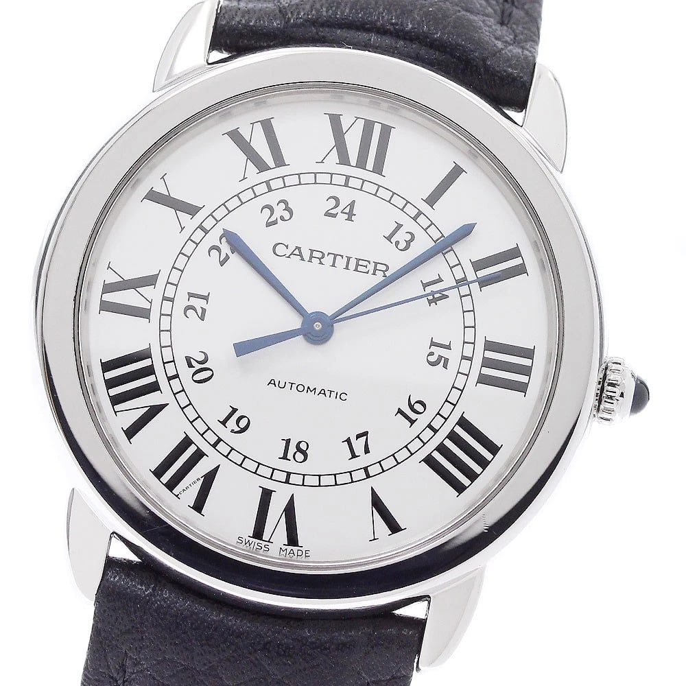 CARTIER RONDE SOLO AUTOMATIC WATCH: CARTIER Ronde Solo Automatic Watch Brand: CARTIER Type/Style: Wristwatch Material: Band Material leather, Case Material Stainless Steel Color: Dial Color Silver Band Color black Case Color Silver