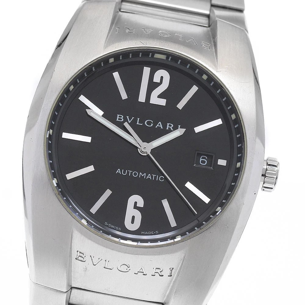 BVLGARI DATE BLACK AUTOMATIC WATCH: BVLGARI Date black Automatic Watch Brand: BVLGARI Type/Style: Wristwatch Material: Band Material Stainless Steel, Case Material Stainless Steel Color: Dial Color black Band Color Silver Case Color