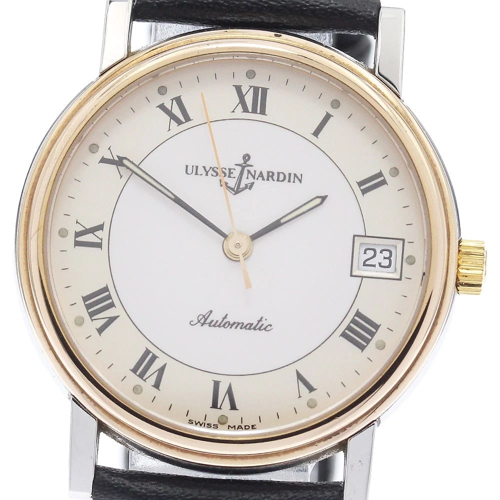 ULYSSE NARDIN DATE WHITE AUTOMATIC WATCH: Ulysse Nardin Date white Automatic Watch Brand: Ulysse Nardin Type/Style: Wristwatch Material: Band Material leather, Case Material Stainless Steel/Gold Plated Color: Dial Color white Band Color