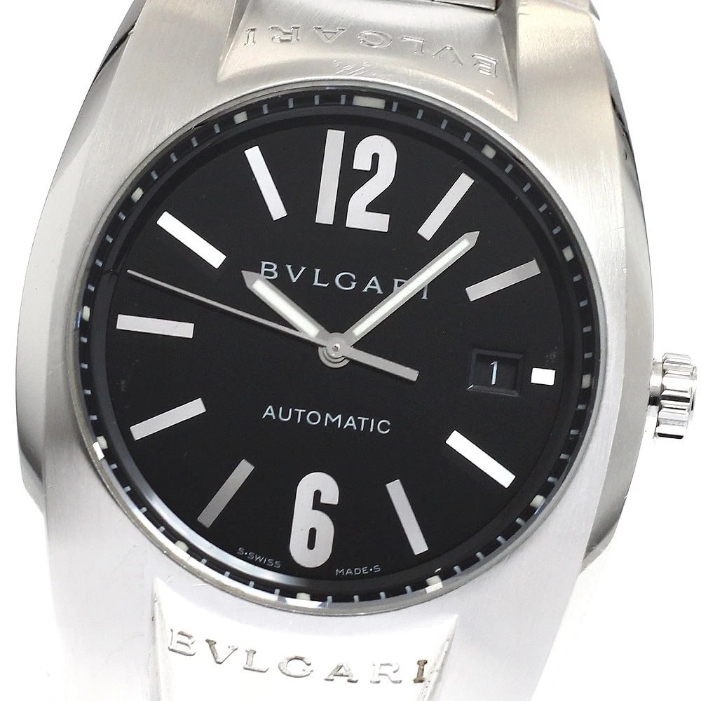 BVLGARI DATE BLACK AUTOMATIC WATCH: BVLGARI Date black Automatic Watch Brand: BVLGARI Type/Style: Wristwatch Material: Band Material Stainless Steel, Case Material Stainless Steel Color: Dial Color black Band Color Silver Case Color