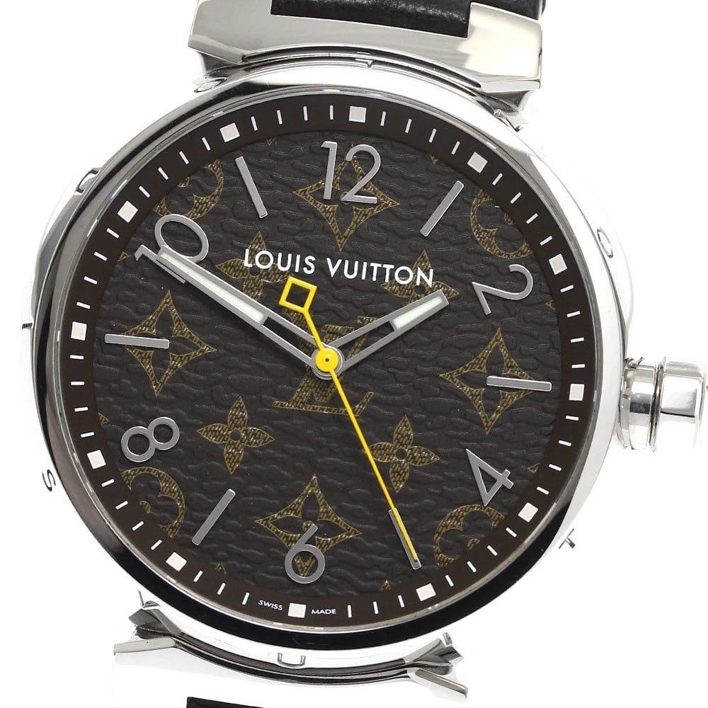 LOUIS VUITTON TAMBOUR BROWN QUARTZ WATCH: LOUIS VUITTON Tambour Brown Quartz Watch Brand: LOUIS VUITTON Type/Style: Wristwatch Material: Band Material leather, Case Material Stainless Steel Color: Dial Color Brown Band Color Brown Case Color