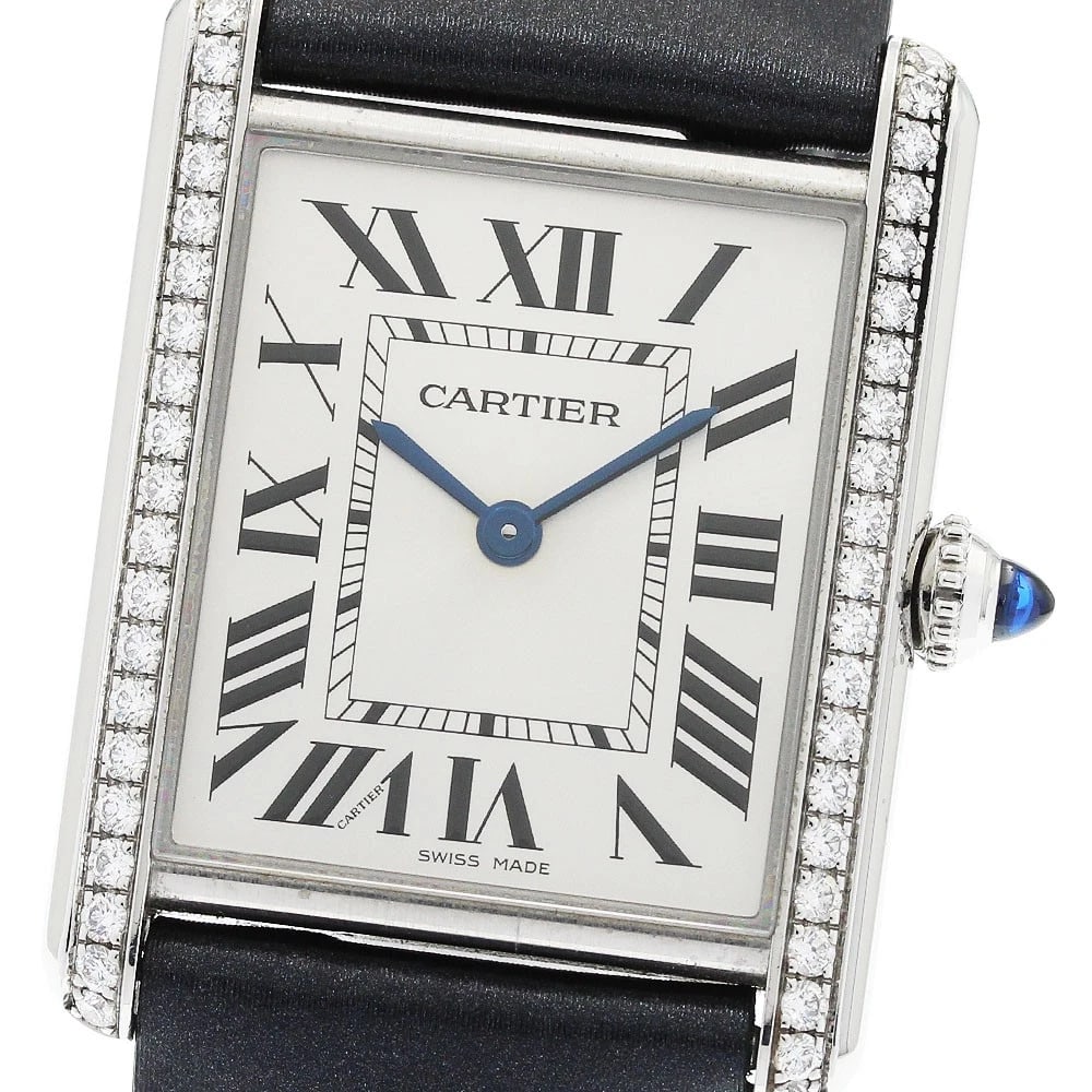 CARTIER TANK DIAMOND BEZEL QUARTZ WATCH: CARTIER tank Diamond Bezel Quartz Watch Brand: CARTIER Type/Style: Wristwatch Material: Band Material leather, Case Material Stainless Steel Color: Dial Color Silver Band Color gray Case Color Silver