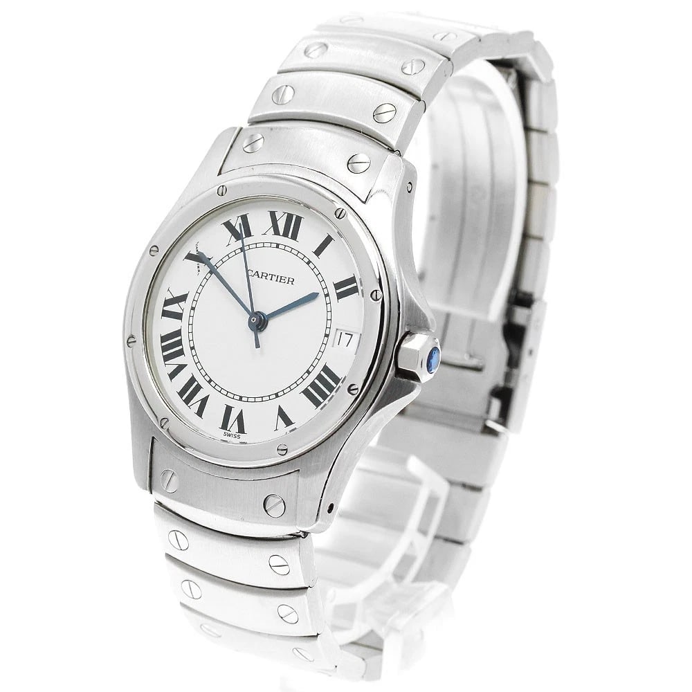 CARTIER SANTO DATE WHITE AUTOMATIC WATCH: CARTIER Santo Date white Automatic Watch Brand: CARTIER Type/Style: Wristwatch Material: Band Material Stainless Steel, Case Material Stainless Steel Color: Case Color Silver Band Color Silver Dial