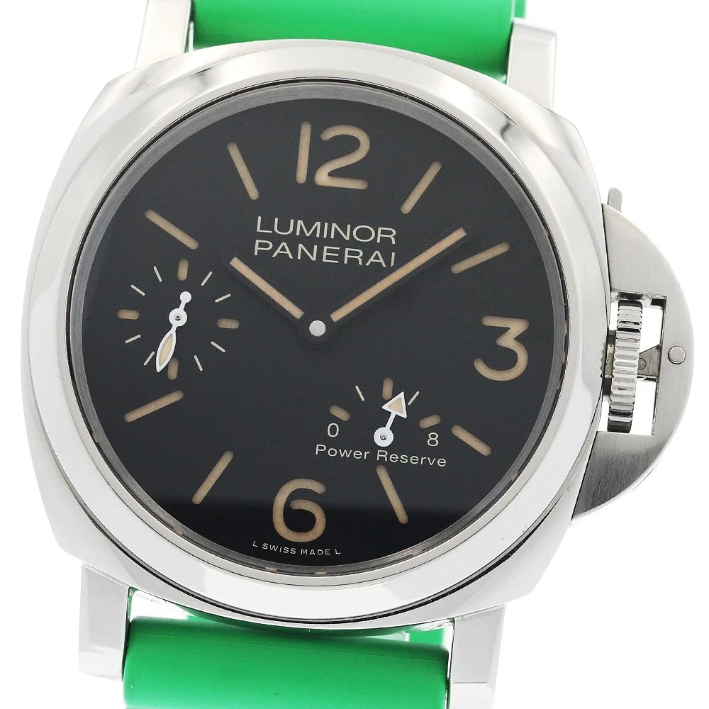 PANERAI LUMINOR STAINLESS STEEL WATCH: PANERAI Luminor Stainless Steel Watch Brand: PANERAI Type/Style: Wristwatch Material: Band Material rubber, Case Material Stainless Steel Color: Dial Color black Band Color green Case Color Silver